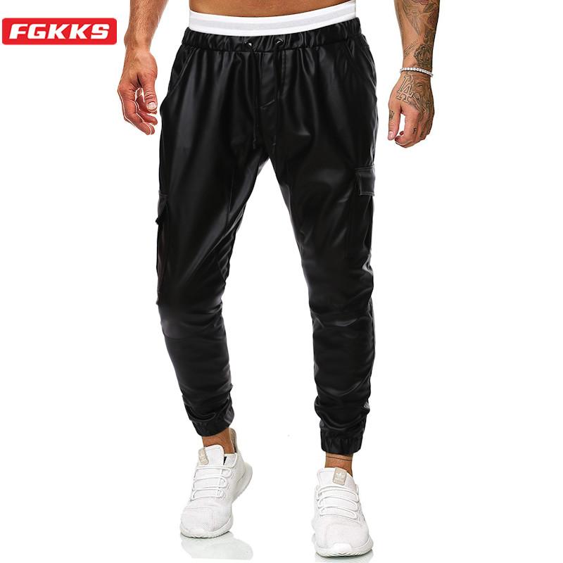 

FGKKS Trendy Brand Men Leather Pants Men' Elasticity Windproof PU Sweatpants Solid Color Slim Wild Casual Pants Male, Black