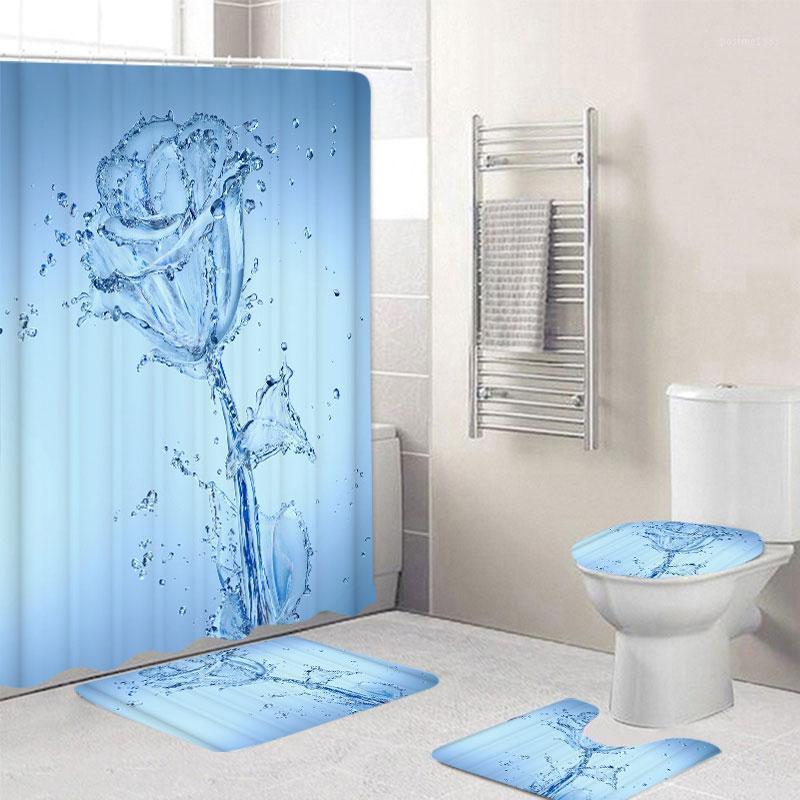 

3D Printing Romantic Water Flower Waterproof Bathroom Shower Curtain Toilet Cover Mat Non-Slip Floor Mat Rug Bathroom Set1