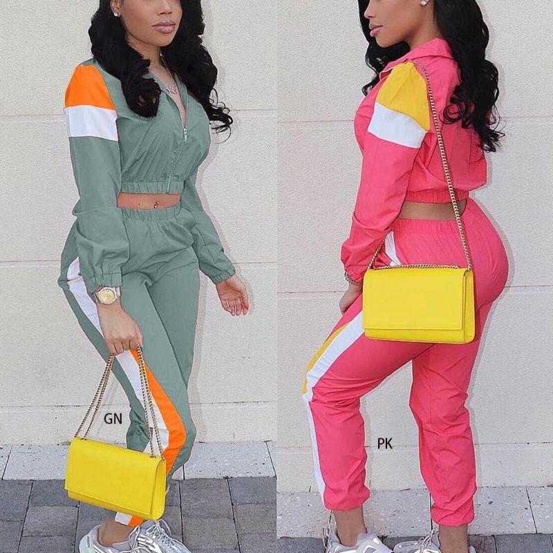 

Women 2Piece Color Block Outfits Tracksuits Stripe Patchwork Long Sleeve Zip Jacket Crop Top Skinny Ankle Length Pants Sweatsuit, Green