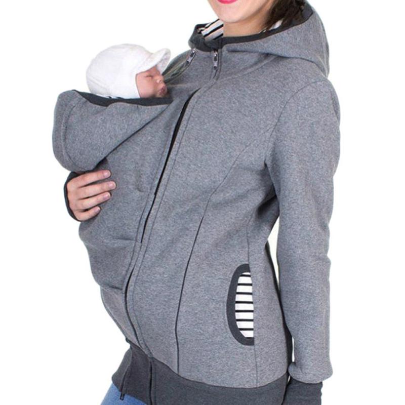 

Women Tops Casual Solid Color Maternity Striped Baby Pouch Carrier Hoodie Long-sleeved Zipper Pregnancy Coat Ropa De Mujer, Bk