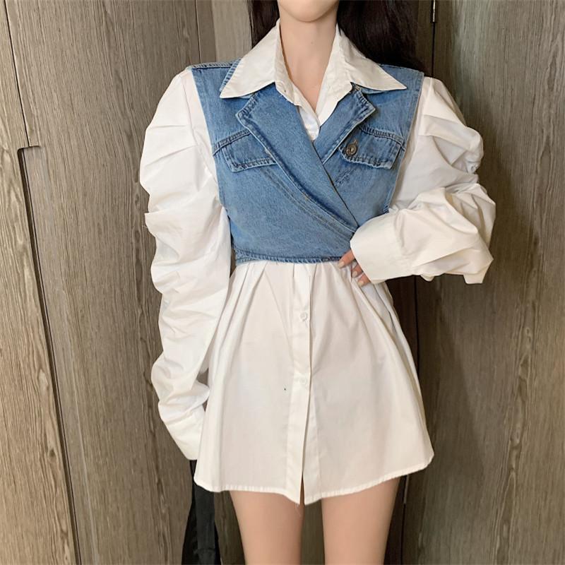 

2020 New Autumn Shirt Set for Ladies Elegant Fashion Simple Solid Denim Cropped Special Vest+simple All-match White Shirt