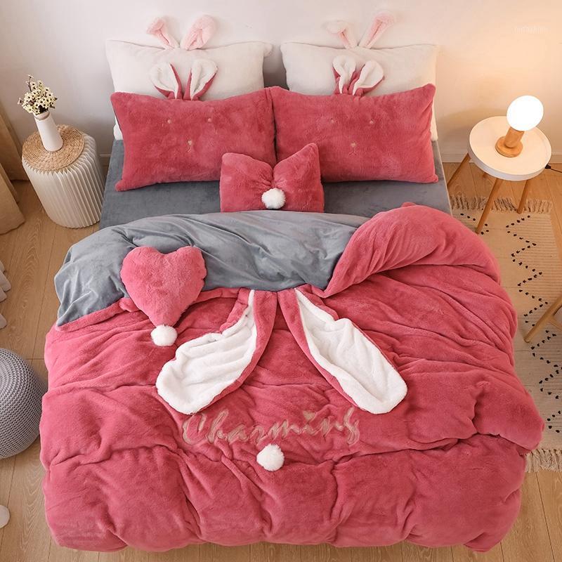 

Luxury Fleece Velvet Lovely Ears Bedding Set Warm Flannel Duvet Cover Pillowcases Flat Sheet Limited quantity1, Wzh1