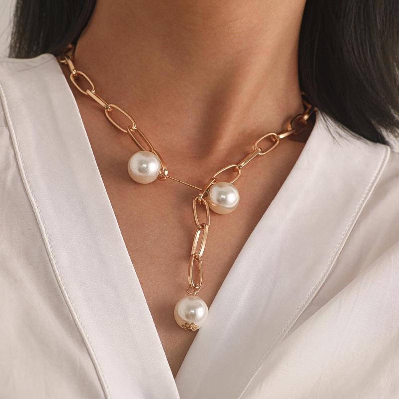 

Pearl Pin Lock Women Neckalce Thicken Gold Color Chain Big Baroque Pearl Adjustable Pedant Necklce for Women Bohemia Neck Collar