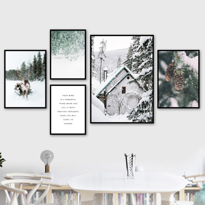 

Deer Pine Forest Tree Snow Sence Winter Wall Art Canvas Painting Nordic Posters And Prints Wall Pictures For Living Room Decor