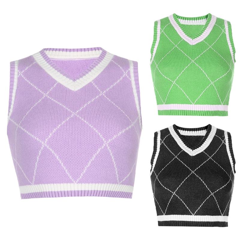

Women V-Neck Knitted Vest Contrast Color Argyle Plaid Slim Sweater Crop Tank Top MXMA, Black
