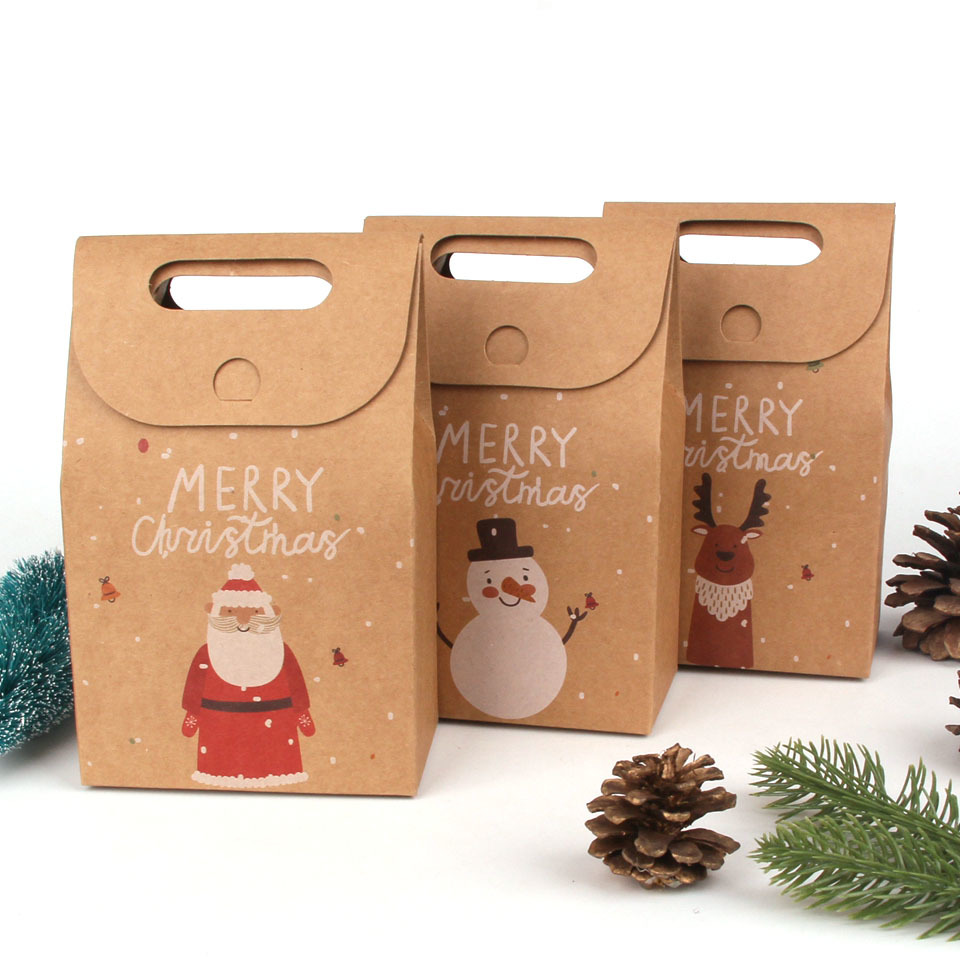 

20PCS/Lot Christmas Santa/Snowman/Deer Kraft Candy Gift Bags Cookie Bags Merry Christmas Guests Packaging Boxes Party Decorations
