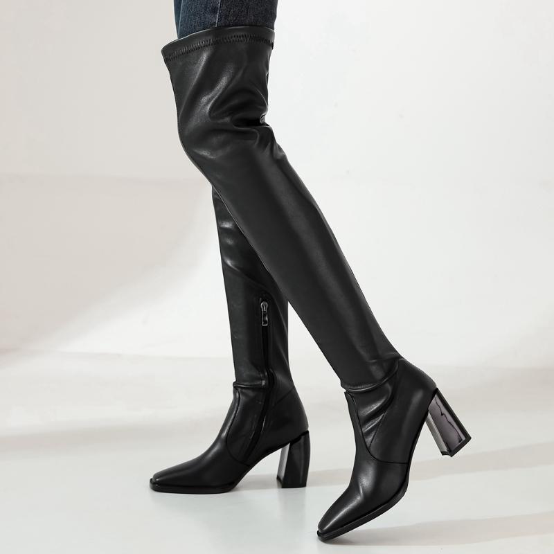 

High-quality Brand New Big Size 43 Square High Heels Elegant Trendy Elastic Winter Shoes Women Over The Knee Boots, Black