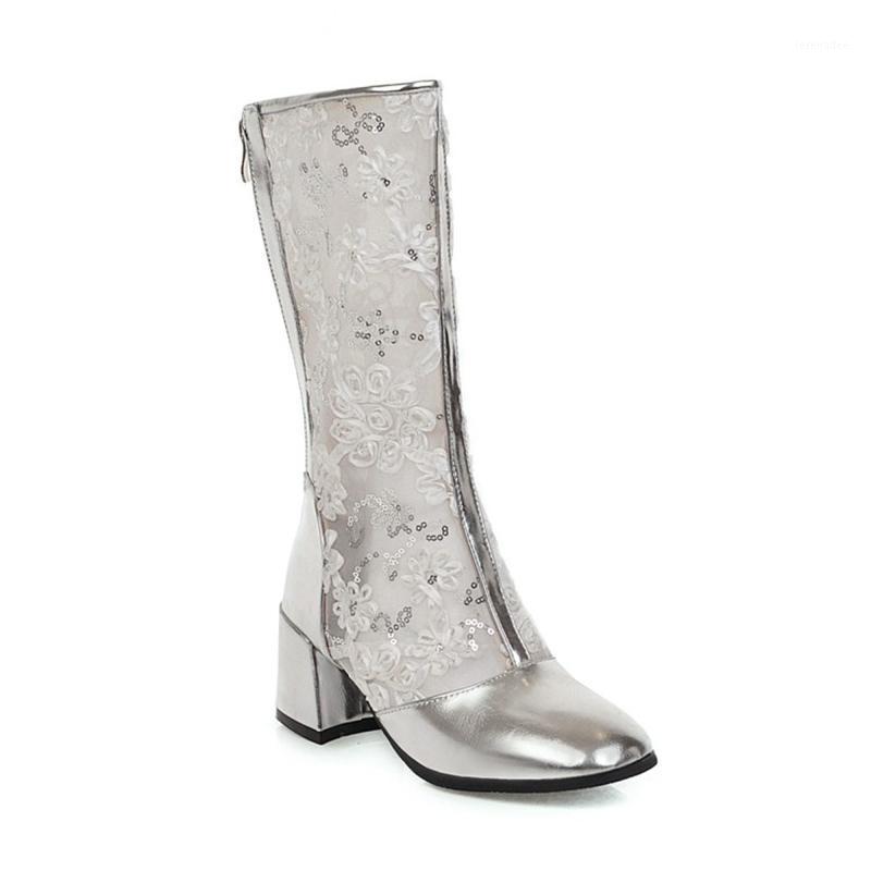 

2020 New Korean Hollow-out Mesh High Tube Middle Heel White Block Heels Back Zippers Knee High Boots for Women and Ladies1