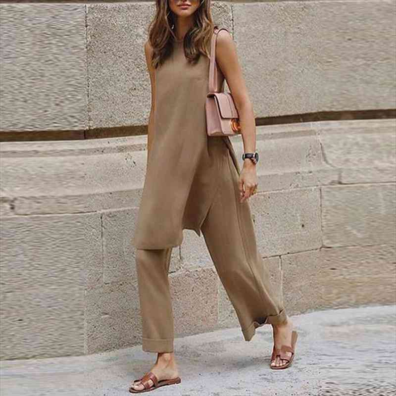 

Womens Solid Long Pants Two Piece Sets Summer O-neck Top Pants Suit Casual Streetwear Sleeveless Elegant Office Lady Sets, White