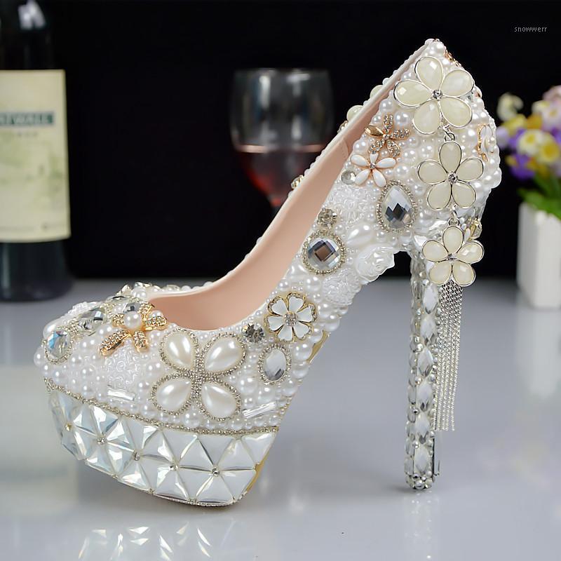 

Big Size New Crystal Shoes Handmade Custom Small Flower Decorate Sparkle Round Head White Elegant Bride Wedding High Heel Shoes1, 8cm