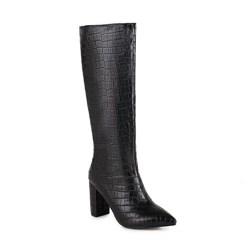 

2021 New Keep Warm Knee High Boots Autumn Winter PU Leather Women Shoes Pointed Toe Fashion High Heel Woman Boots Size 34-43, Black