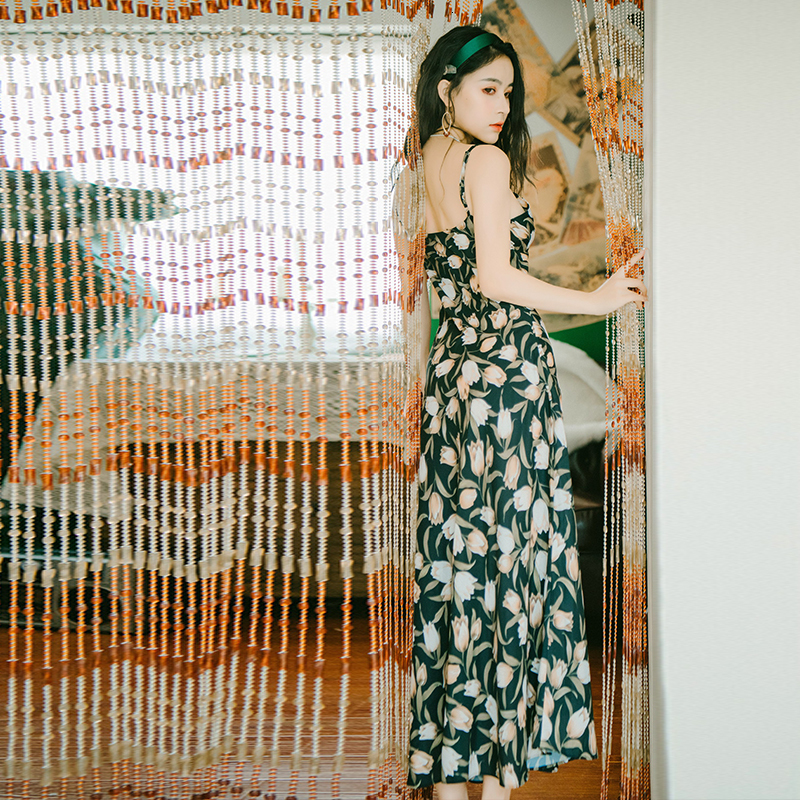 

2021 Summer Floral Chiffon Print Long with Sleeveless V-neck Black Party Dressed As Fiesta Dress Feminine Ktkk, Blue