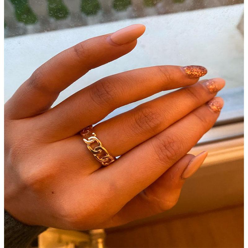 

Chic Gold Color Plating Chain Shape RING 7mm Wide For Unisex Vintage Gothic Chunky Midi Ring Antique Jewelry Accessory