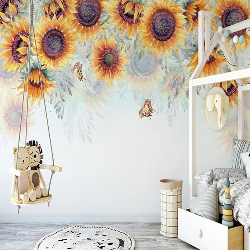 

Custom Hand Painted Sunflower Pastoral Flower Mural Non-woven Fabric 3D Embossed Wallpaper For Children Room Bedroom Decoration, As pic