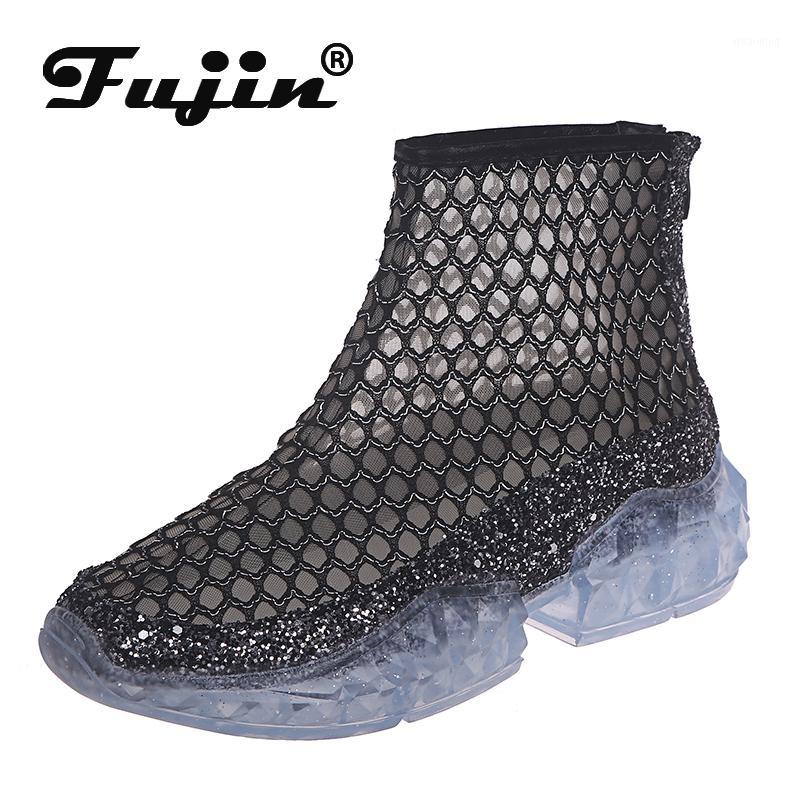 

Fujin Women Summer Spring 2020 Boots Fashion Round Toe Flat Bottom Bling Zipper Thick Bottom Causal Med Heels Women Ankle Boots1, Black