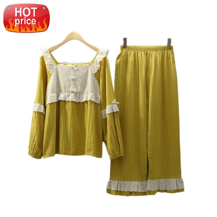 

Pure Cotton Woman Pajamas Set Peter Pan Collar Lace Cute Vintage Sleepwear Spring Autumn Vintage Court Princess Lolita Pyjamas #Vm5I, Black;white