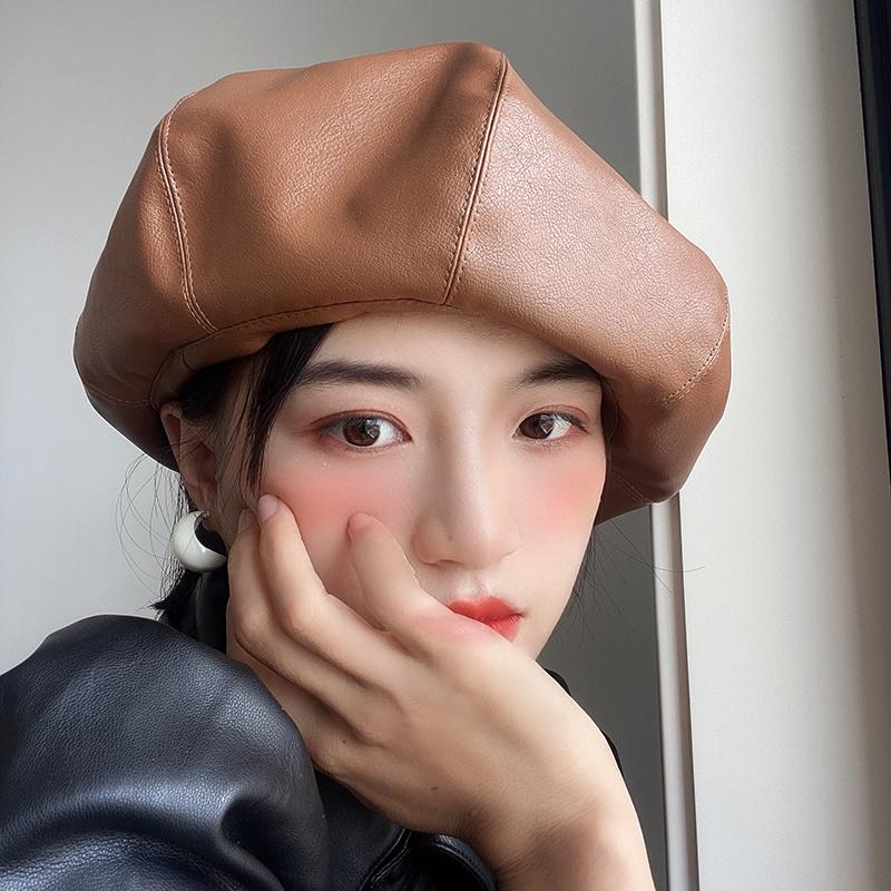 

New Fascinators Big Leather Beret For Women Fashion Dress Up Flat Hat Solid French Hats Ladies Autumn Winter Hat Wholesale1029, Black