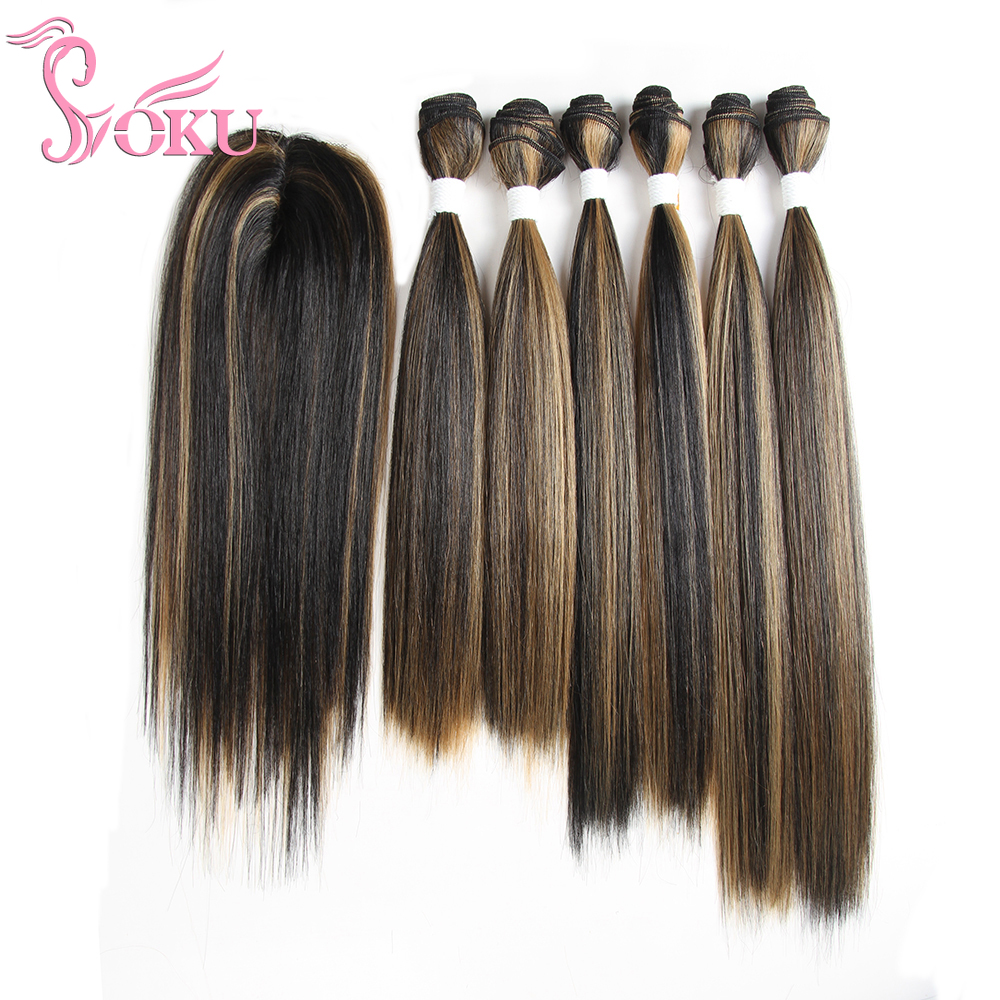 Costume Accessories 6 Bundles Hair Weaving with Free Closure Synthetic Hair Extension Weave Ombre Brown Color Highlight Heat Resistant Fiber-image-749078449