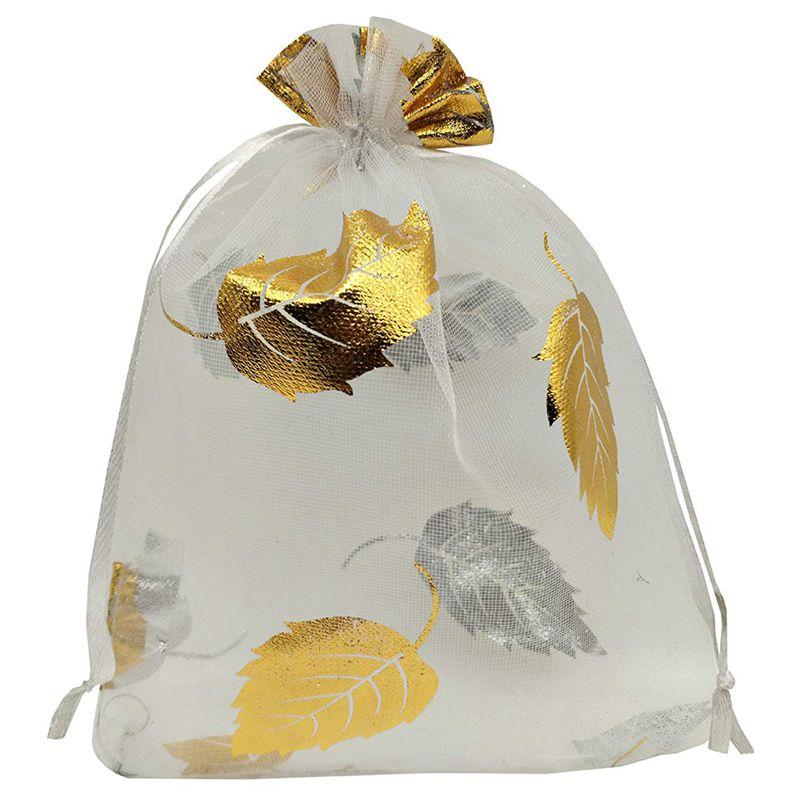 

100pcs Sheer Organza Favor Bags 13x18cm For Wedding Bags Samples Display Drawstring Pouches (white-gold leaf
