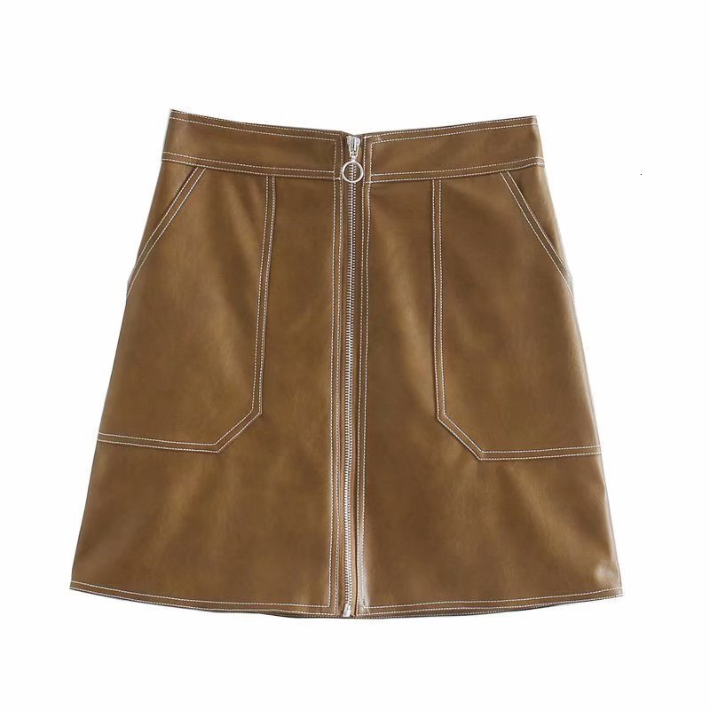 

2021 New Autumn Europe and the United States Women' Zipper Decoration Open Wire Pairs of Pocket Skirts Leather Skirt Elsy, See chart