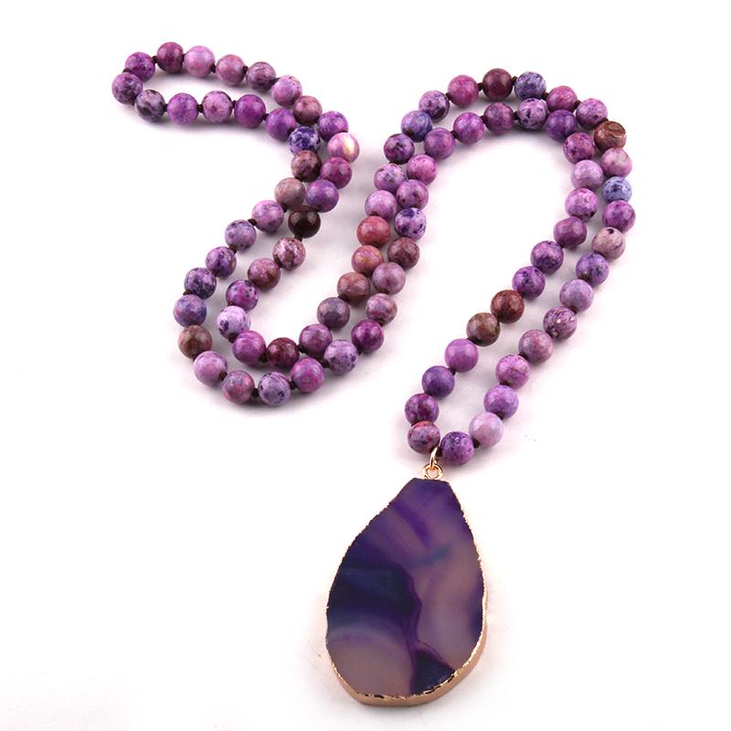 

Free Shipping Fashion Semi Precious Stones Long Knotted Stone Agat Drop Pendant Necklaces Women Ethnic Necklace