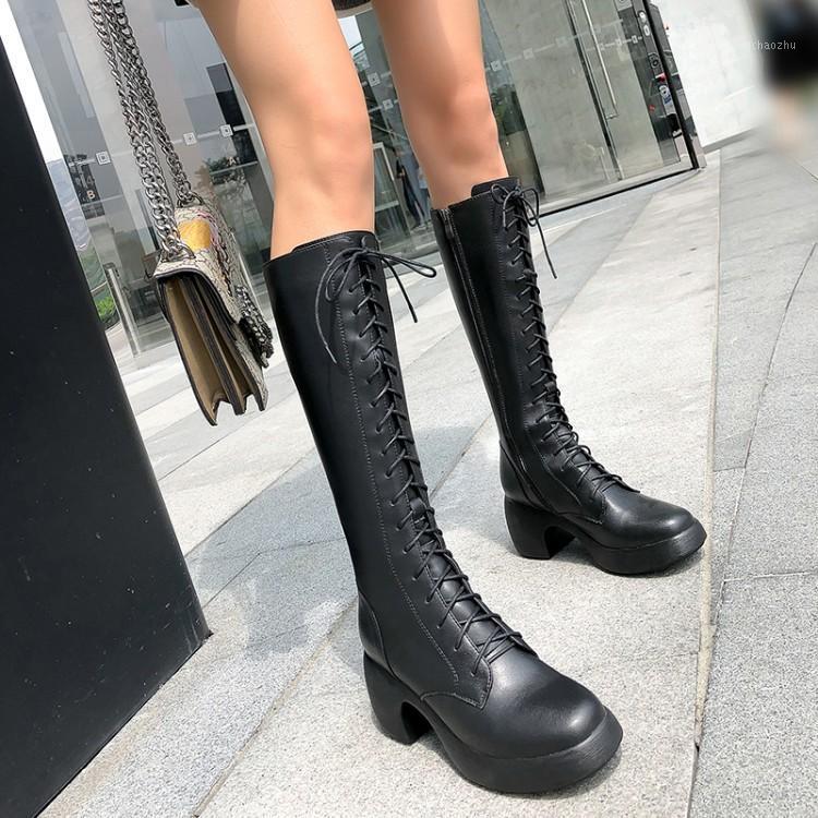 

PXELENA Gothic Punk Women Knee High Boots Genuine Leather Block Chunky Thick High Heels Lace Up Riding Knight Combat Long Boots1, Black autumn