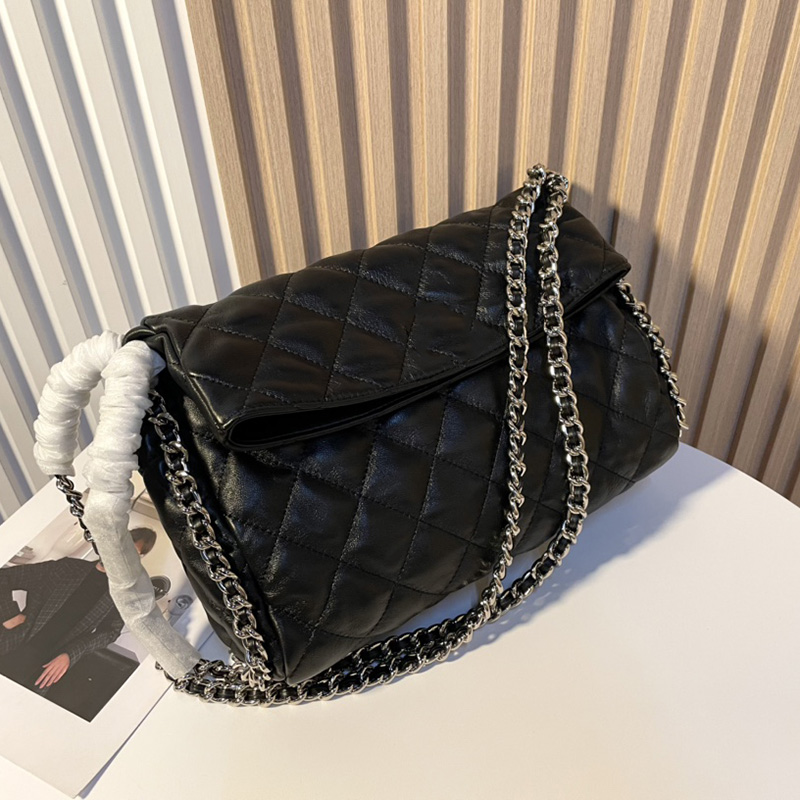 

Women Jumbo Vintage Calfskin Punk Designer Bags Aged Silver Around Luggage Quilted Matelasse Chain Crossbody Shoulder Totes Black Handbags 30CM
