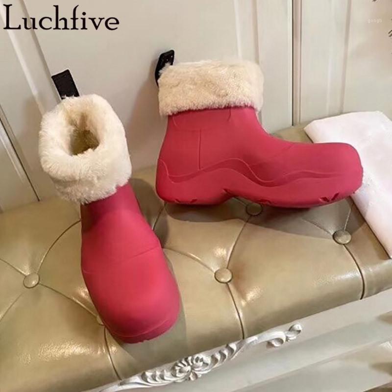 

2021 Plush Rain Boots Round Toe Boots Femme Thick Sole Wedges Shoes Women Slip On Candy Colors Women's1, Black