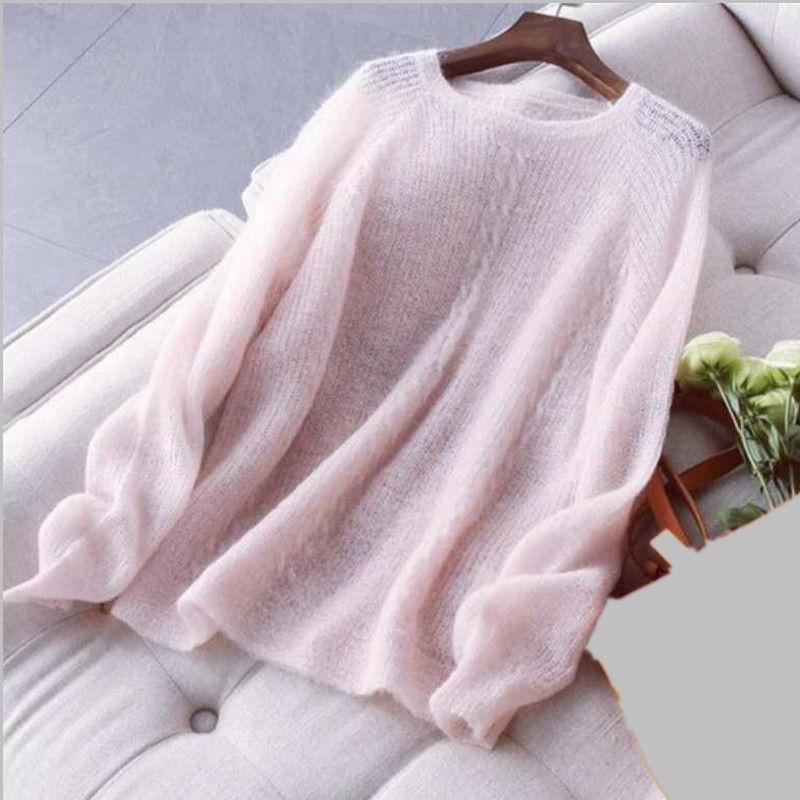 

Long-sleeved Round Neck Thin Sweater Women Loose Solid Color Hollow Simple Bottoming Pullover Sweater Female Spring Summer 2020, Beige