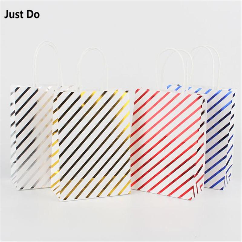 

15*8*21cm 12pcs red gold silver stripe paper gift bags blue Wedding favor Paper Bags for Gift Packaging