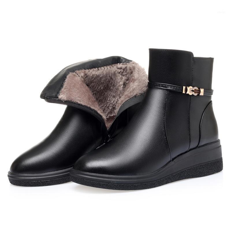 

2020 New Fashion Top Cowhide Autumn and Winter Boots Women Leather Boots Flat Wedges Comfort Warm Plush / Wool Shoes Snow1, Black single boots