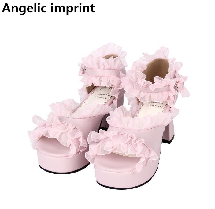 

Angelic imprint woman mori girl lolita cosplay shoes lady high thin heels pumps women princess sweet dress sandals lacework 46, Black