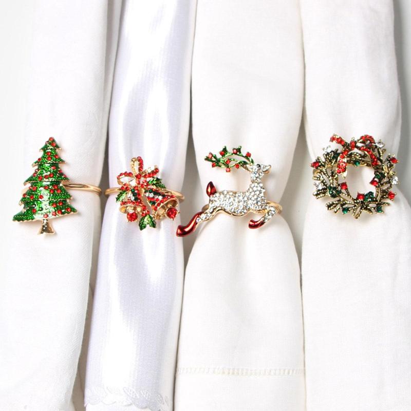 

Alloy Christmas Tree Napkin Rings Elk Bow Flower Wreath Mouth Ring Wedding Banquet Party Decor Napkin Holder Table Towel Buckles