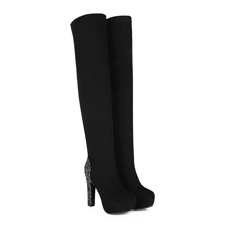 

2021 New Newest Bling Women Rouned Toe High Heels Shoes Woman Fashion Wedding Working Over the Knee Boots Ysz1, Black
