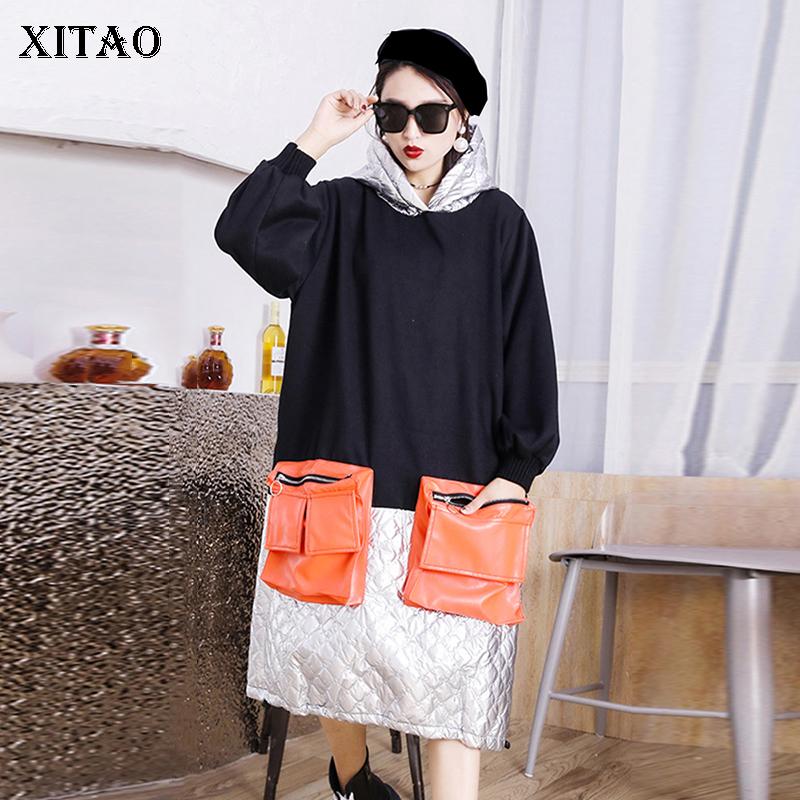 

XITAO Patchwork Hit Color Dress Women Casual Winter Trendy Fashion New Hooded Collar Long Lantern Sleeve Pocket Zipper ZY1238, See picture zy1238