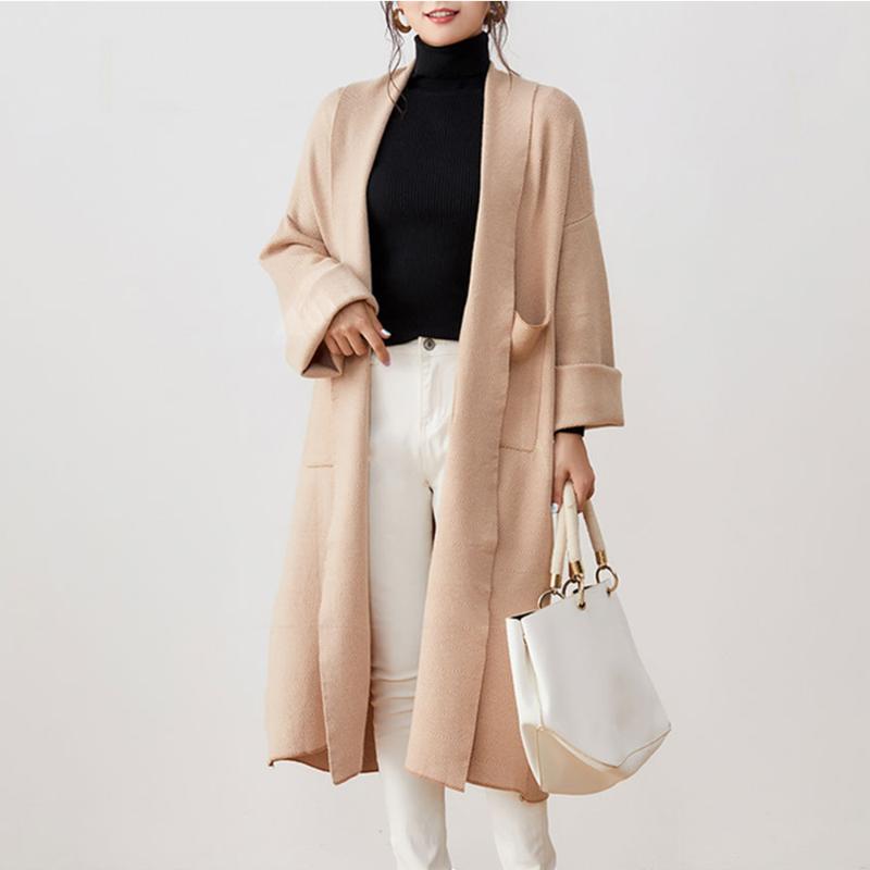 

New Women Cardigan Sweater Coat Casual Winter Autumn Long Pocket Striped Jacket Female Fashion Long Sleeve Outwear Jackets, Brown