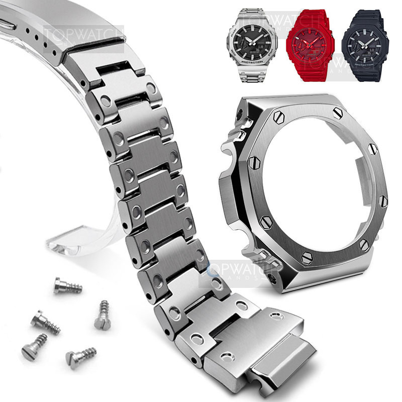 

Silver Set Watch Modification Watchband Bezel Metal Stainless Steel Watch Band Strap Case Watch Bracelet GA-2100 LJ201202, Black;brown
