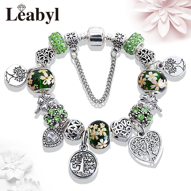 

Charm Bracelets Leabyl Mix Green Tree Of Life Bracelet Silver Color Heart Pendant Bead Fashion Jewelry Gift For Women Child1