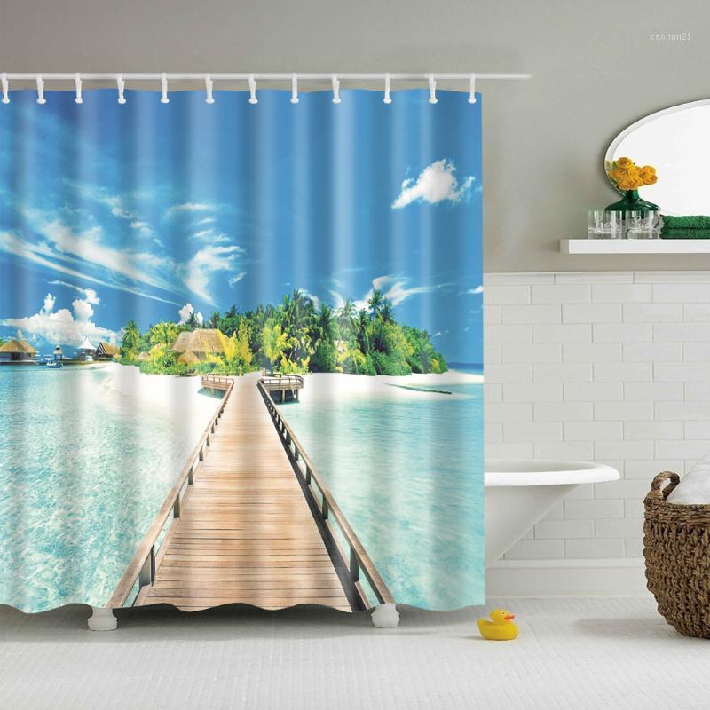 

Modern Sea Beach scenery print Shower Curtain Blue Bathroom 3D Blackout Shower curtain Large 180x200cm for bathroom1