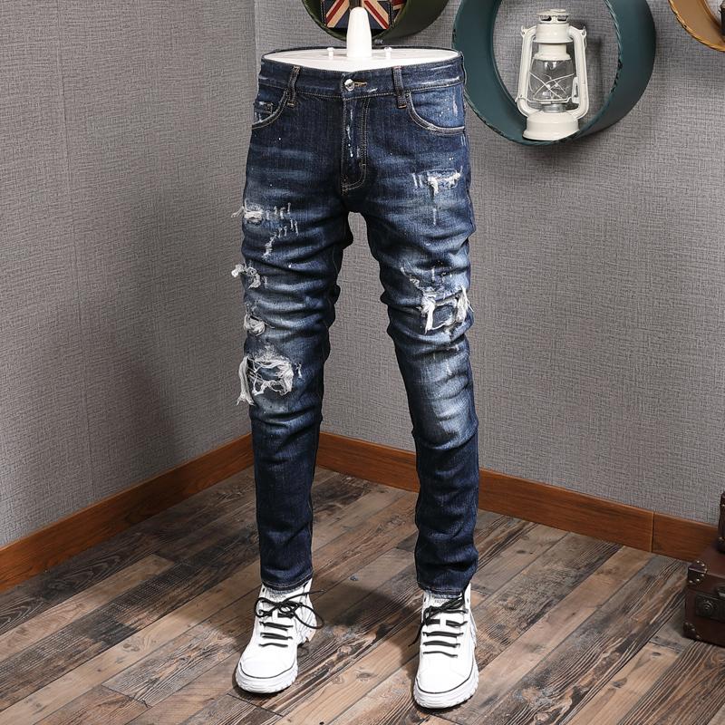 

Fashion Streetwear Men Jeans Retro Dark Blue High Quality Slim Ripped Jeans Men Elastic Hip Hop Pants Destroyed Designer, Retro blue