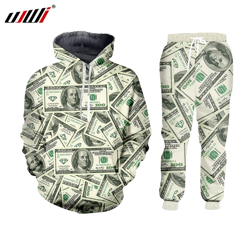 

UJWI 3D Harajulu New Funny 3D money pattern 100 dollar print sweat suits sweatshirt+sweatpants women/men joggers sportsuits 7XL 201109, Gray