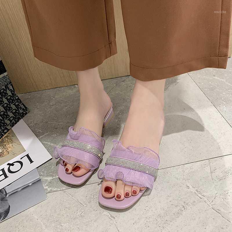 

3 Cm Low Heel Crystal Slippers Women Ruffles Slides Women Open Toe Slippers Shoes Summer Candy Colors Beach Slides1, Beige