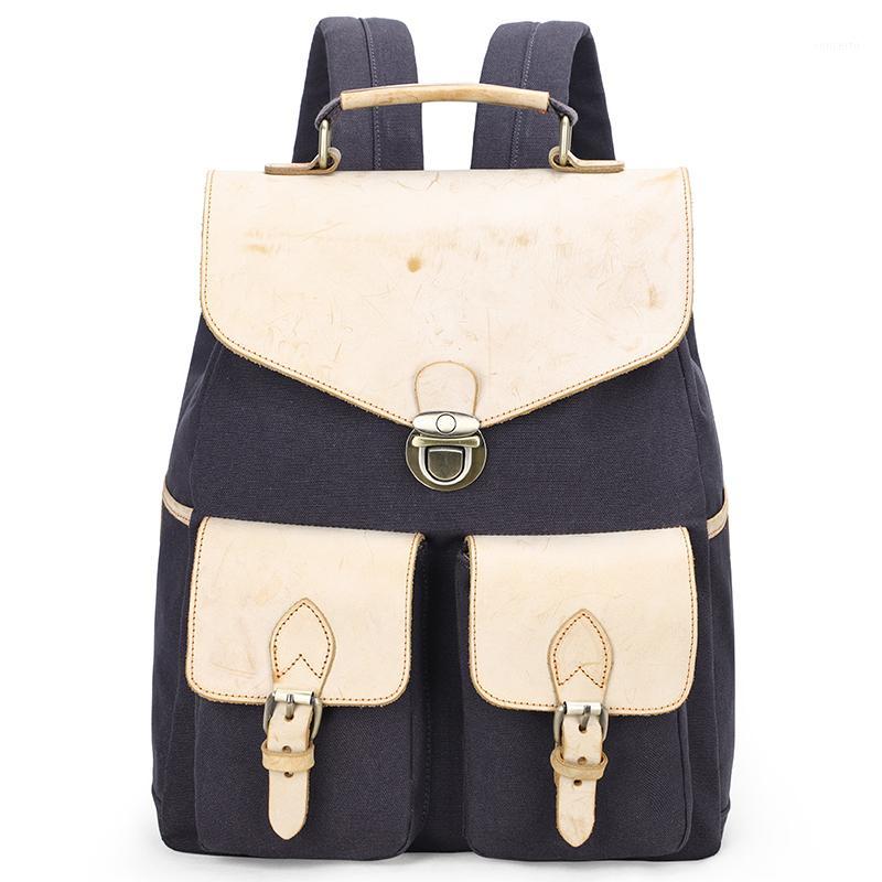 

New design comfortable canvas fog wax leather laptop backpack for girls1, Blue