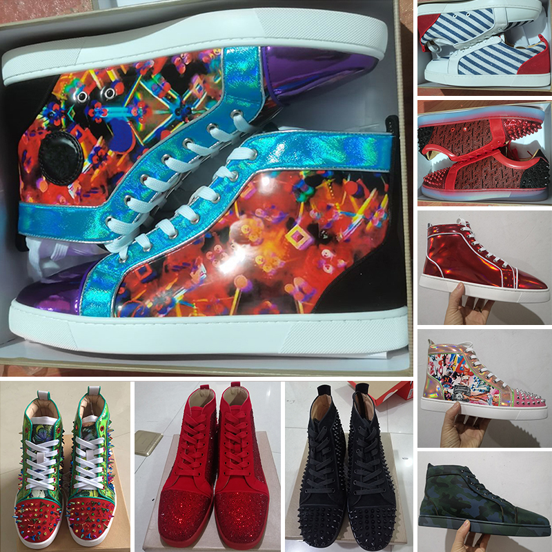 

Red Bottoms Designer Shoes Luxury High Low Top Casual Sneakers Spikes Camo Green Black Suede Leather Flat Mens Trainers Shoe Jogging Walking with BOX, #28