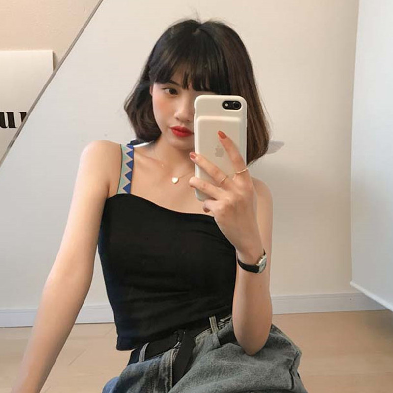 

2021 New 2 elastic colors thin female waist feminine top spring and summer sleeveless streetwear women's tops (f3723) RI8L, Black