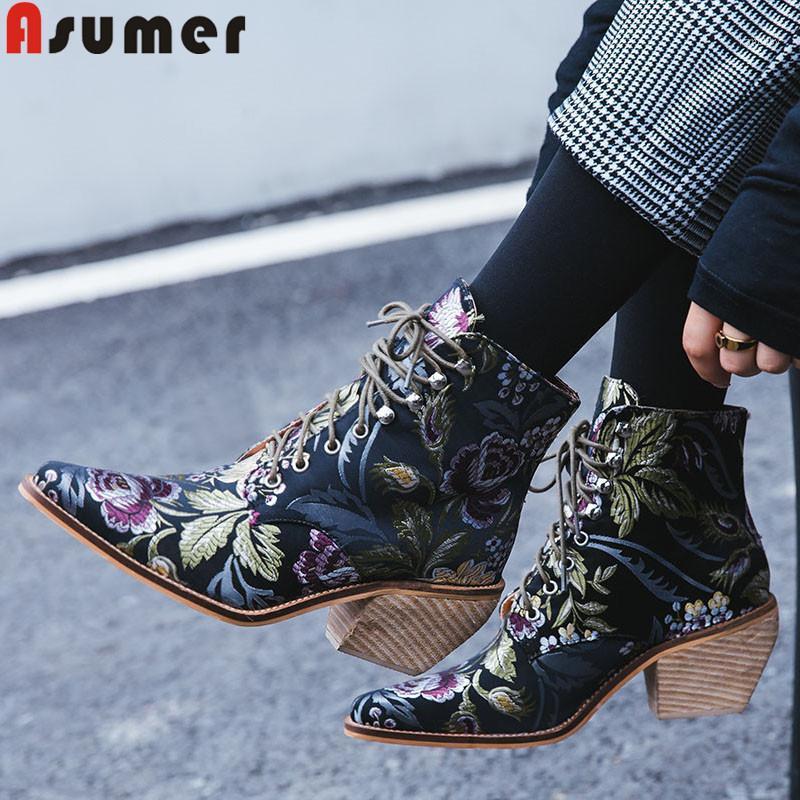 

ASUMER big size 35-43 fashion ankle boots women pointed toe lace up autumn winter boots square high heels Embroidery women1, Brown with fur