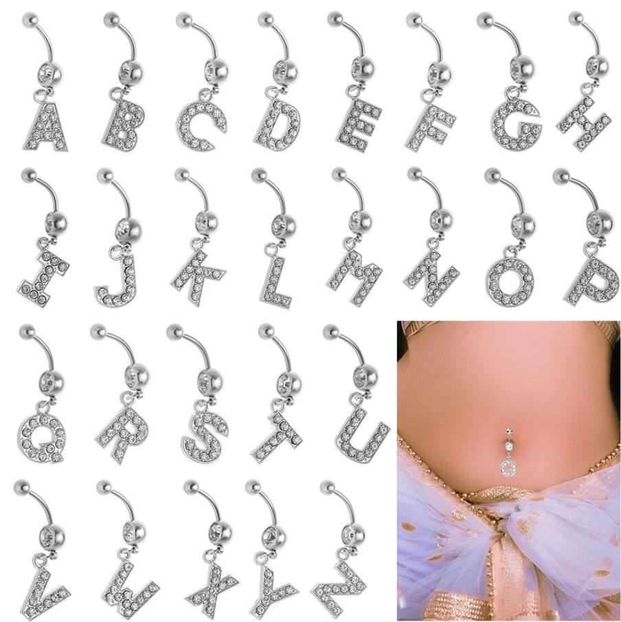 

26 Letter Style Belly Button Rings Charming Body Piercing Crystal Rhinestone Inlaid Navel Belly Button Ring stainless steel jewelry