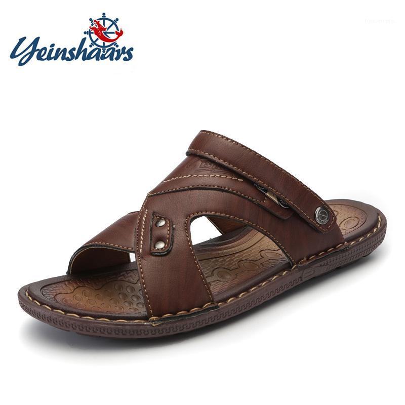 

Summer Leather Sandals Men Outdoor Beach Sandals Comfortable Fashion Mens Breathable Rubber Flip Flops Shoes 2020 Large Sizes 461, Brown