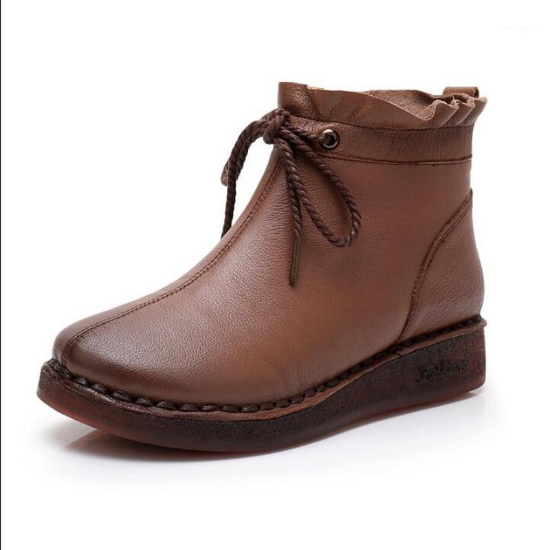 

Autumn and Winter new wave retro national wind Genuine Leather Flat Boots Oxford soft bottom Ankle Shoes mother women's boots1, Black