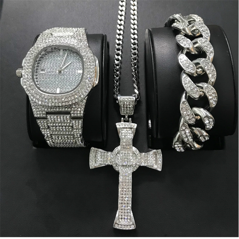 

Luxury Gold Silver Color Bracelet & Necklace Combo Set Ice Out Cuban Watch Hip Hop For Men Y200810